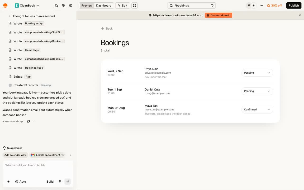The home-cleaning booking app Base44 produced in our recorded session