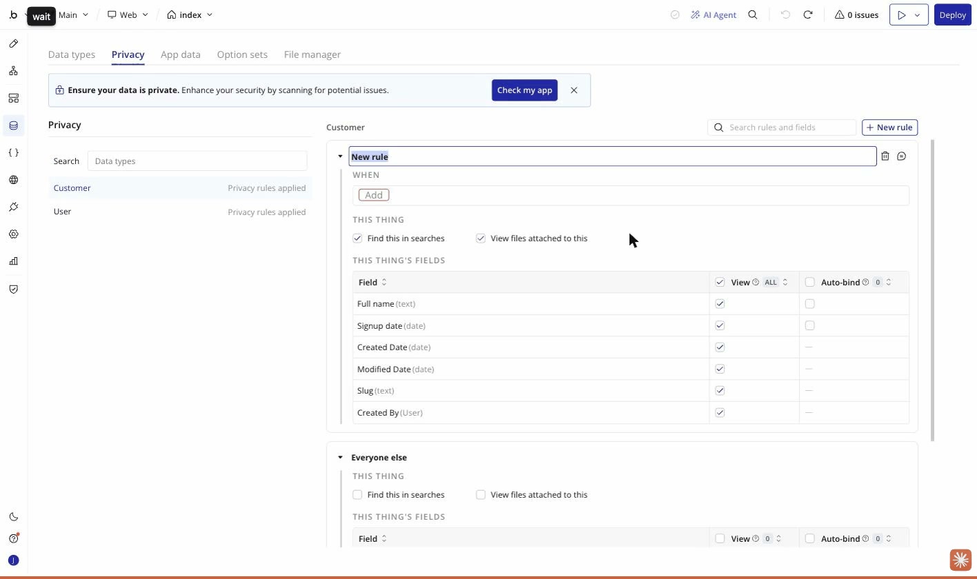 Bubble’s privacy rule editor for Customer data, including field visibility controls.