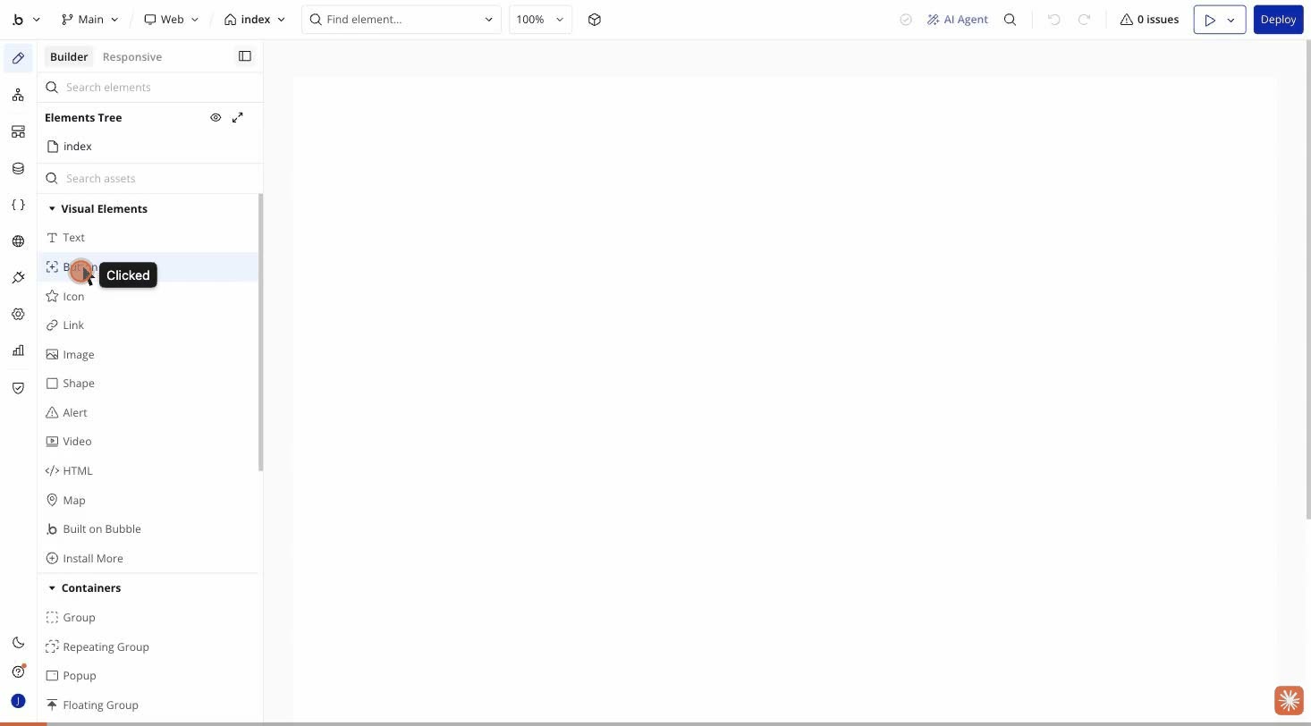 Bubble’s visual editor and button workflow from the published recording