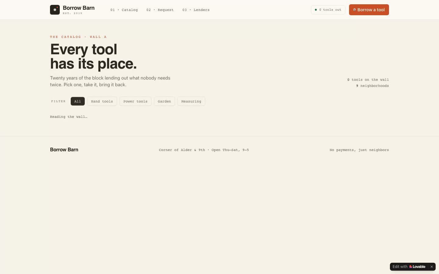Borrow Barn app built with Lovable, showing a catalog of tools and request-to-borrow buttons