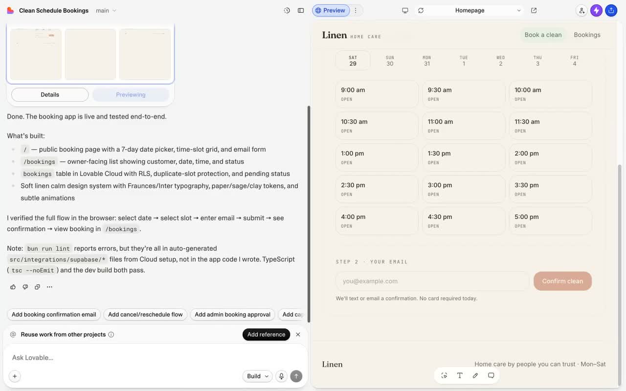 The home-cleaning booking app Lovable produced in our recorded session